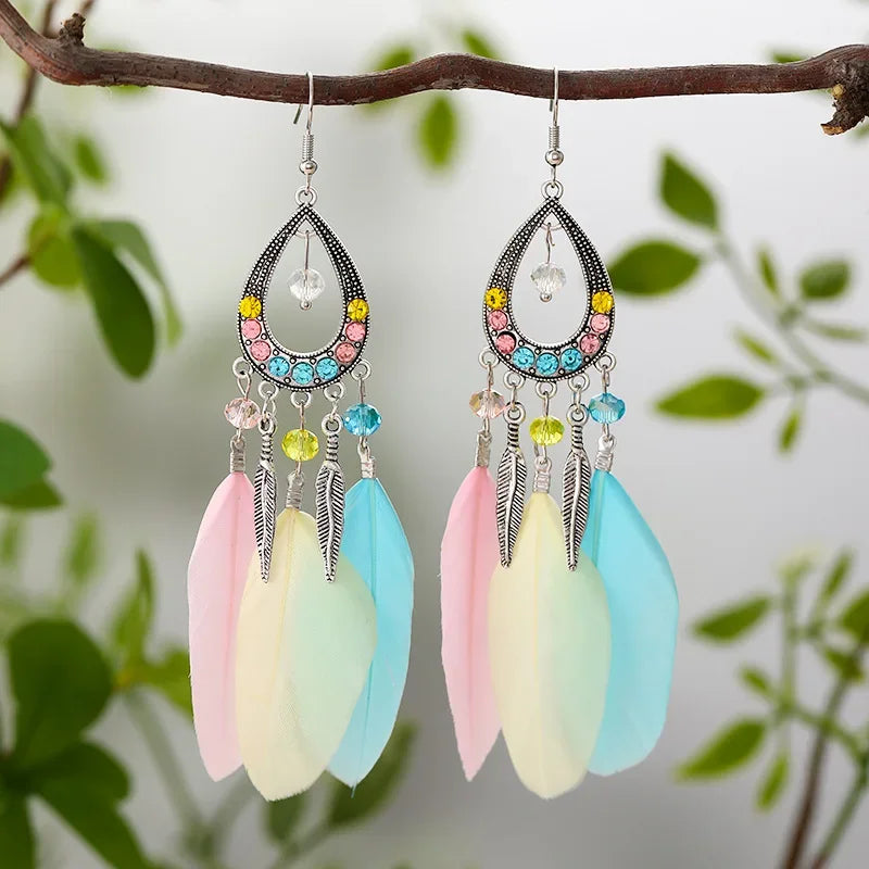 Feather Crystal Tassel Boho Dangle Earrings Jewelry