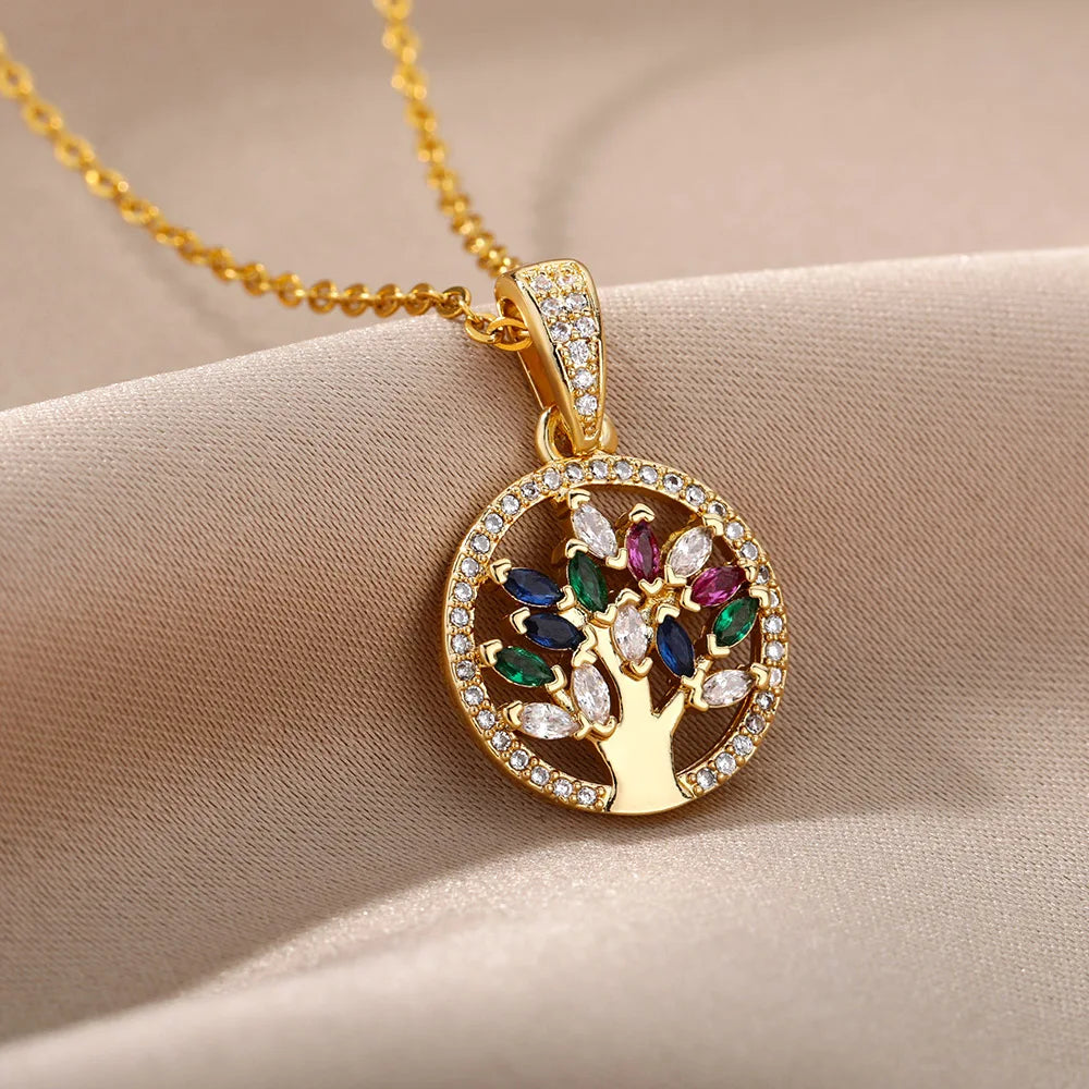 Tree of Life Pendant Necklace, Stainless Steel Long Chain Sacred Geometry Talisman