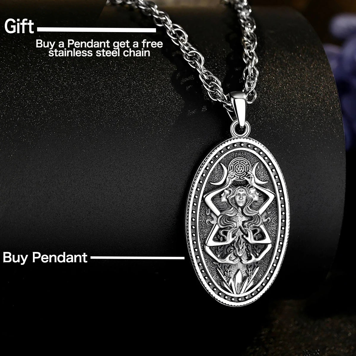 Triple Moon Goddess Hecate Wheel Necklace, S925 Sterling Silver