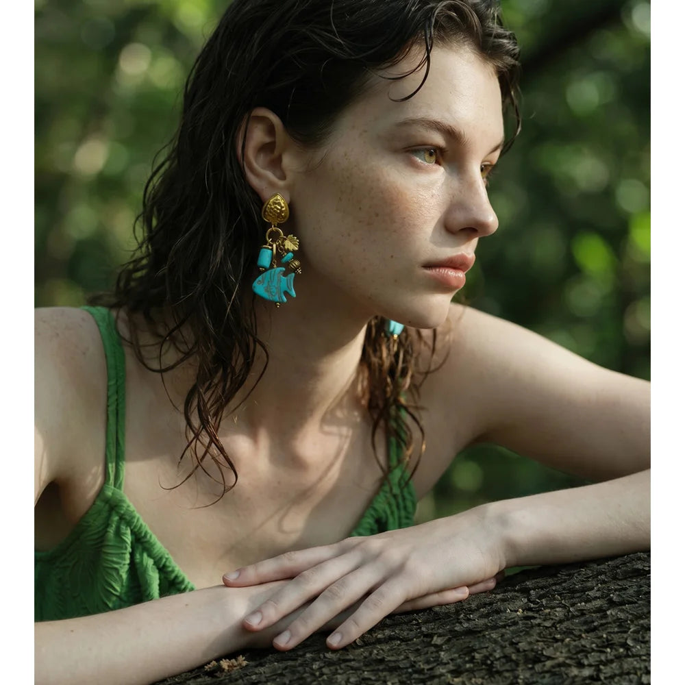 Blue Stone Fish Drop Earrings, 18K Gold Ocean Summer Stainless Steel Jewelry
