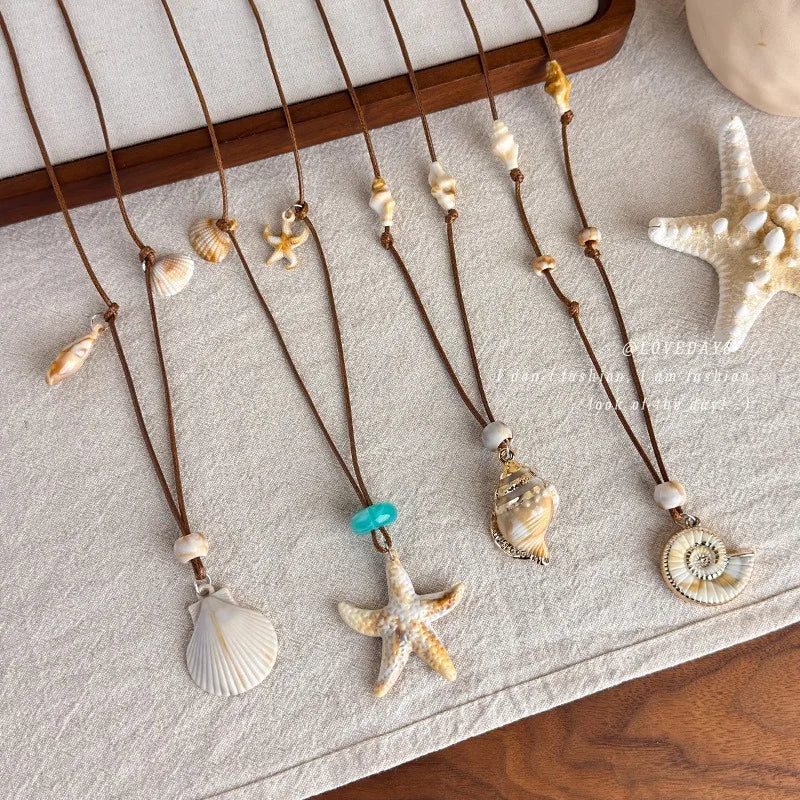 Starfish, Nautilus and Conch Wax Rope Clavicle Necklace