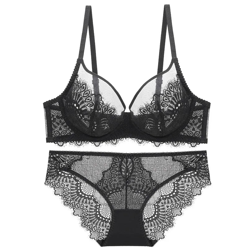 Logirlve Sexy Brassiere Transparent Ultrathin Bra Panty Set Push up Embroidery Underwear Set Plus Size Bras Women Lace Lingerie - Charlie Dolly