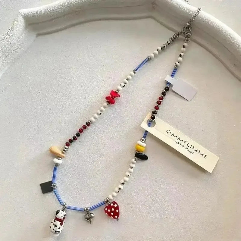 Black and White Beaded Dalmatian Puppy Pendant Necklace
