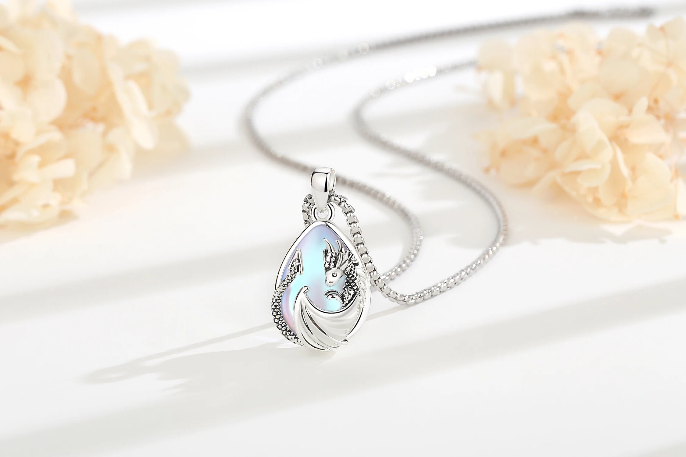 Moonstone Dragon Crescent Pendant Necklace, Celestial Guardian Amulet