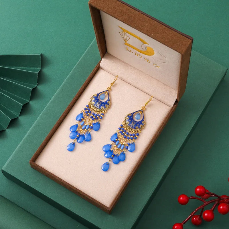 Acrylic Waterdrop Bead Tassel Long Earrings Jewelry