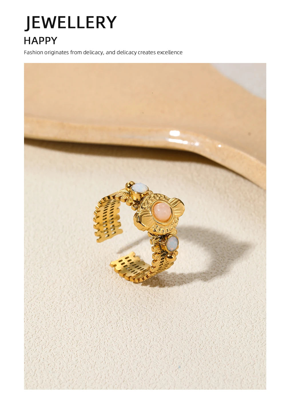 YACHAN Boho Vintage Stainless Steel Rings for Women Pink Natural Stone Lazurite 18K Gold Plated Aesthetic Trend Jewelry - Charlie Dolly