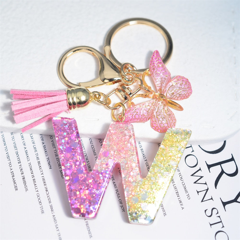 Cute Resin A-Z Initials Letter Keychain Pink Sparkle Butterfly Tassel Pendant Keyring for Women Girl Purse Handbags Jewelry Gift - Charlie Dolly