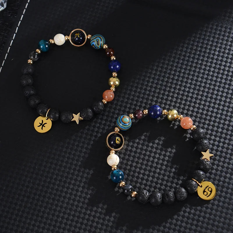 Zodiac Constellation Crystal Bracelet, 12 Signs Natural Stone Beaded Amulet