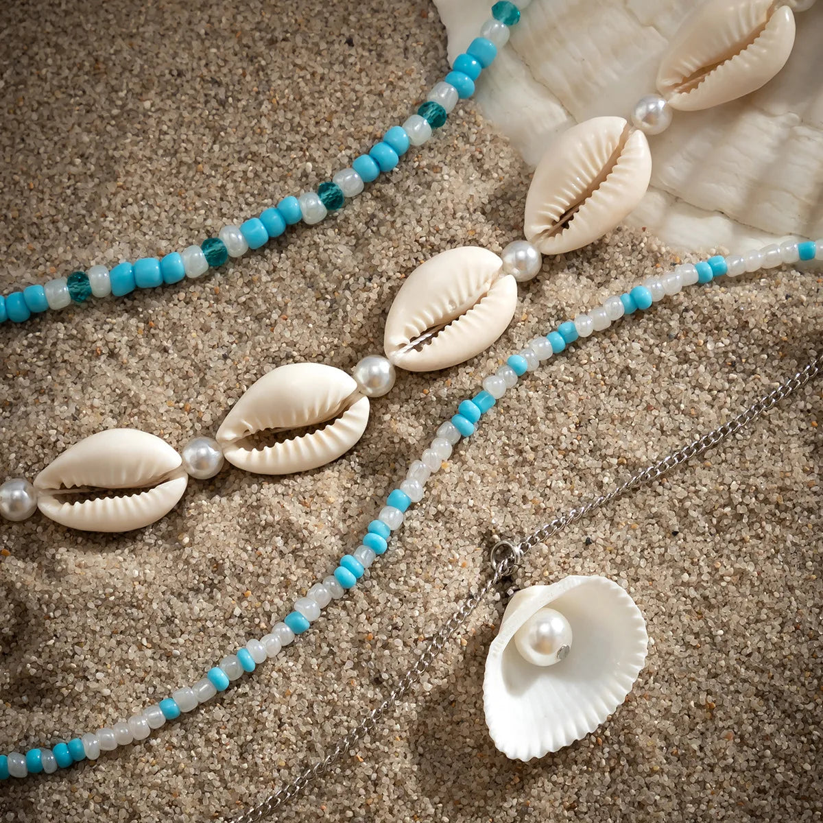 Shell Starfish and Pearl Layered Chain Boho Necklace