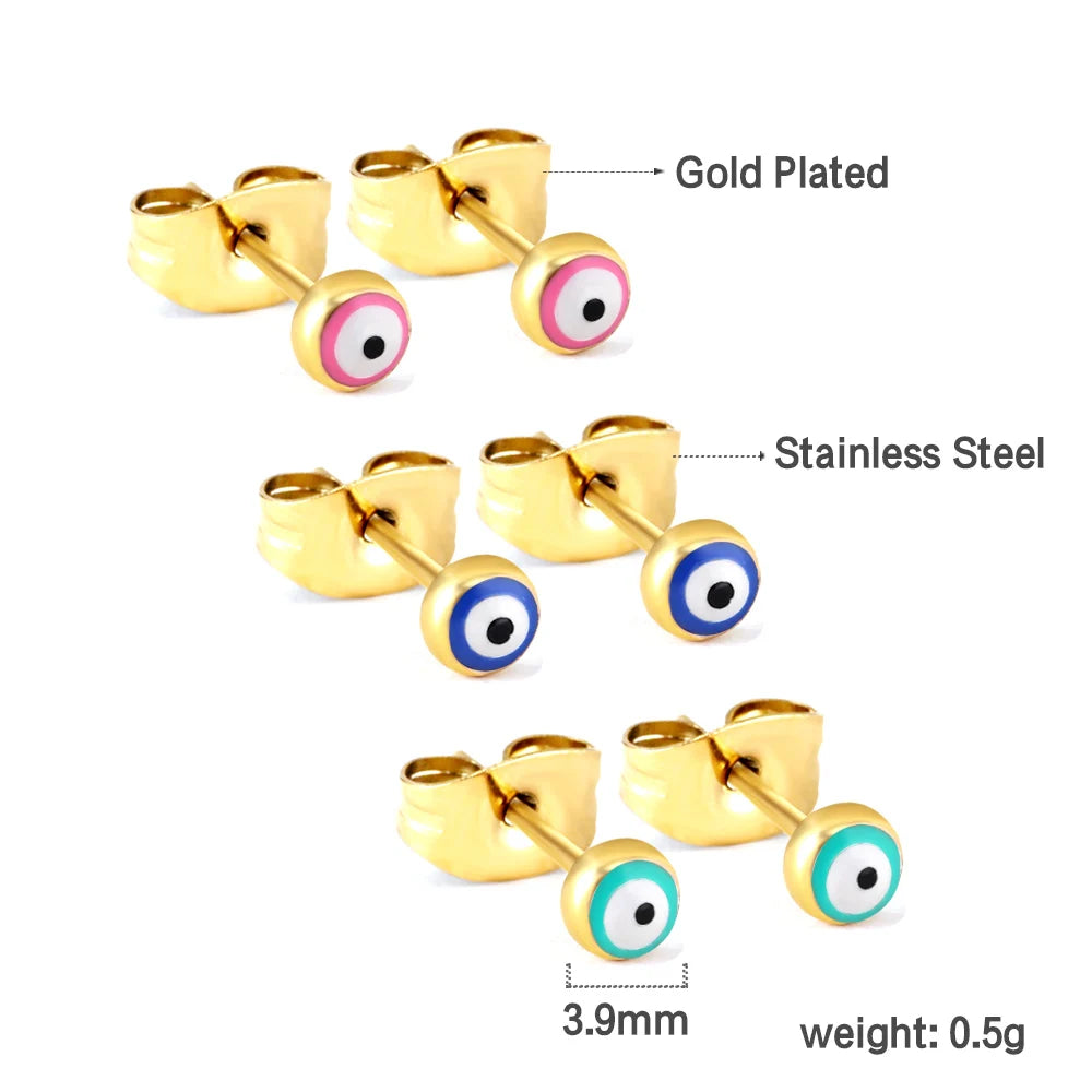 LUXUSTEEL 3 أزواج بوهو الملونة مستديرة عيون الشر وأقراط للنساء الرجال مطلية بالذهب الفولاذ المقاوم للصدأ طقم مجوهرات الأذن التركية
