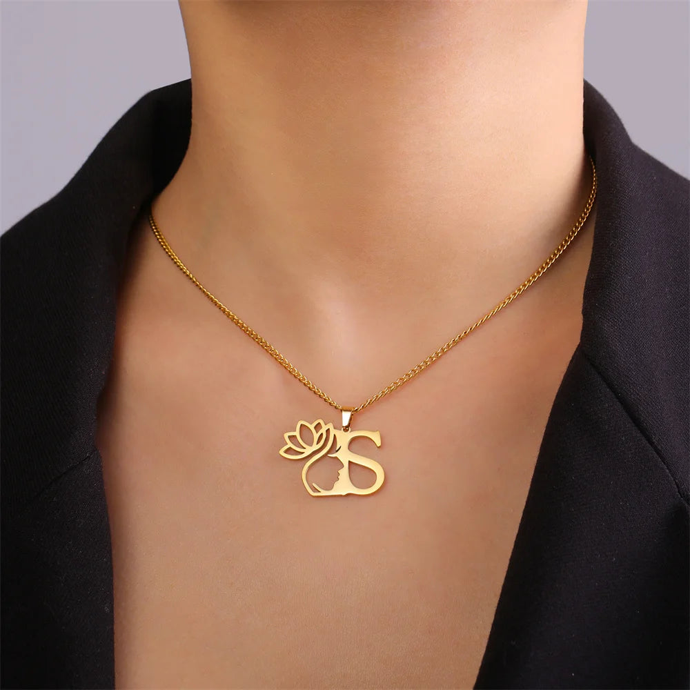 Lotus Flower Initial Letter Pendant, Personalized Stainless Steel Necklace