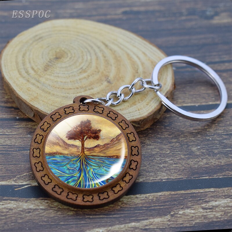 Retro Wooden Keyrings Celtic Tree of Life Photo Glass Cabochon Keychain Holder Key Rings Charm Jewelry gifts Keychain for Women