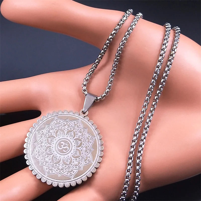 Om Lotus Mandala Yoga Necklace, Stainless Steel Buddhist Amulet