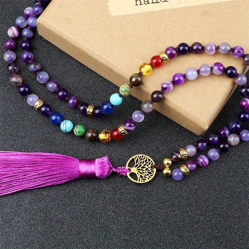 Purple Agate 7 Chakra Mala Necklace Jewelry
