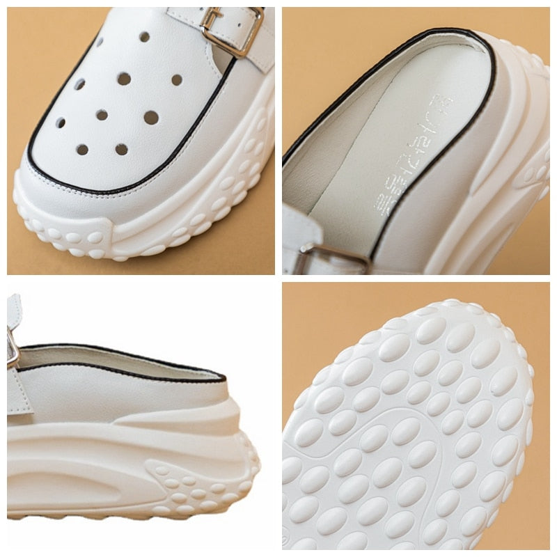 Fujin 6cm Cow Genuine Leather Platform Wedge Casual Chunky Sneaker Women Summer Hollow Female Women Mules Shoes Sandals Slippers
