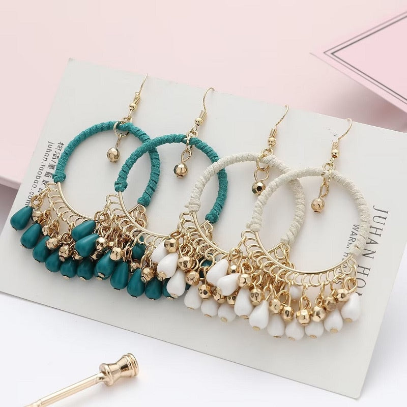 Boho Vintage Beads Tassel Wedding Earrings Indian Jhumka Ethnic Gold Color Round Drop Earrings Brincos Jewelry