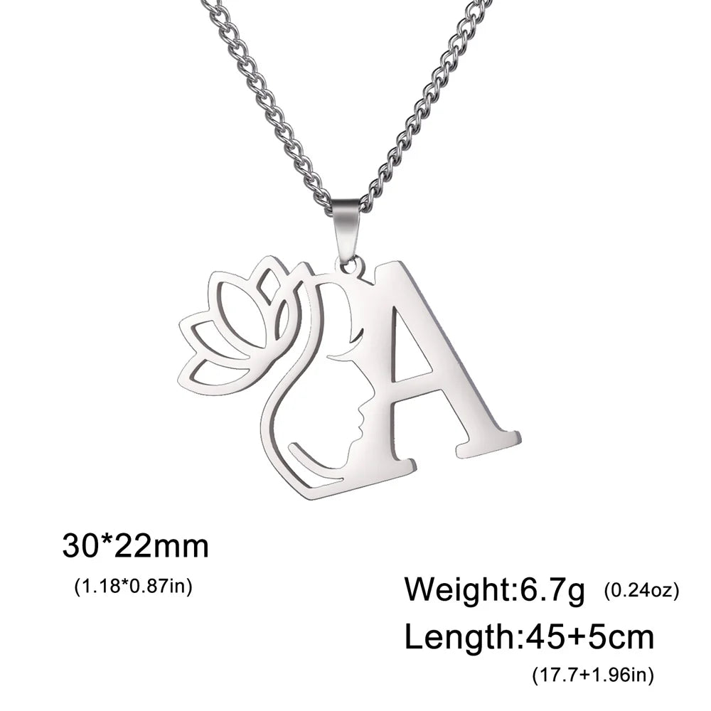 Lotus Flower Initial Letter Pendant, Personalized Stainless Steel Necklace