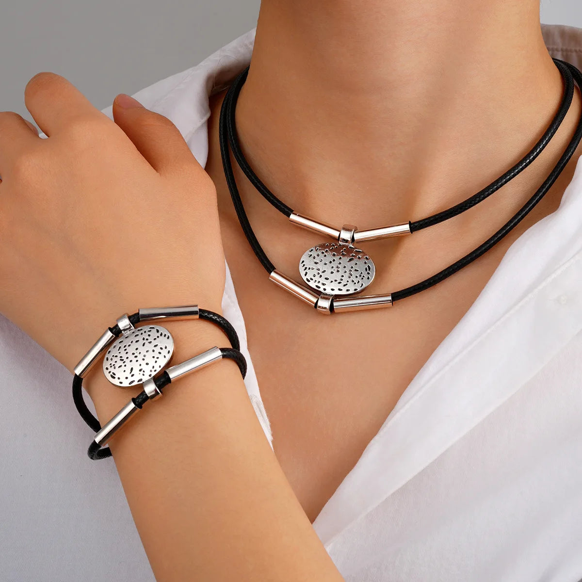 Leather Rope Oval Pendant Necklace Bracelet Set Jewelry