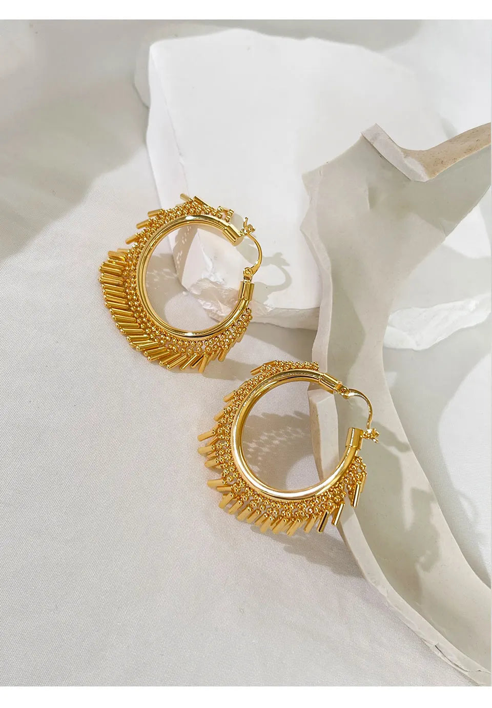 Gold Bead Bar Tassel Hoop Huggie Earrings Jewelry
