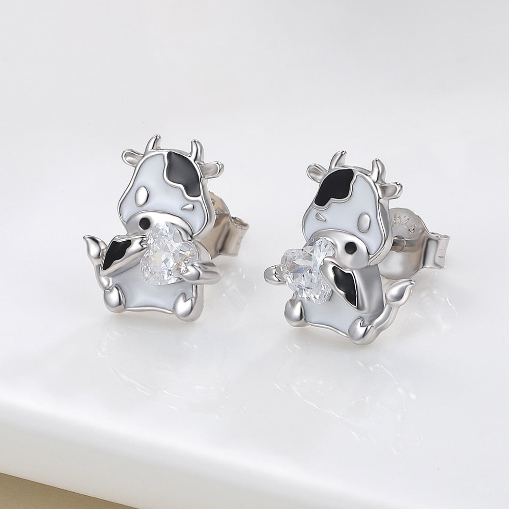 925 Sterling Silver Cute Animal Cow Stud Earrings With Heart Zircon Brithday Valentine's Day Jewelry Gifts For Women Teen Girls