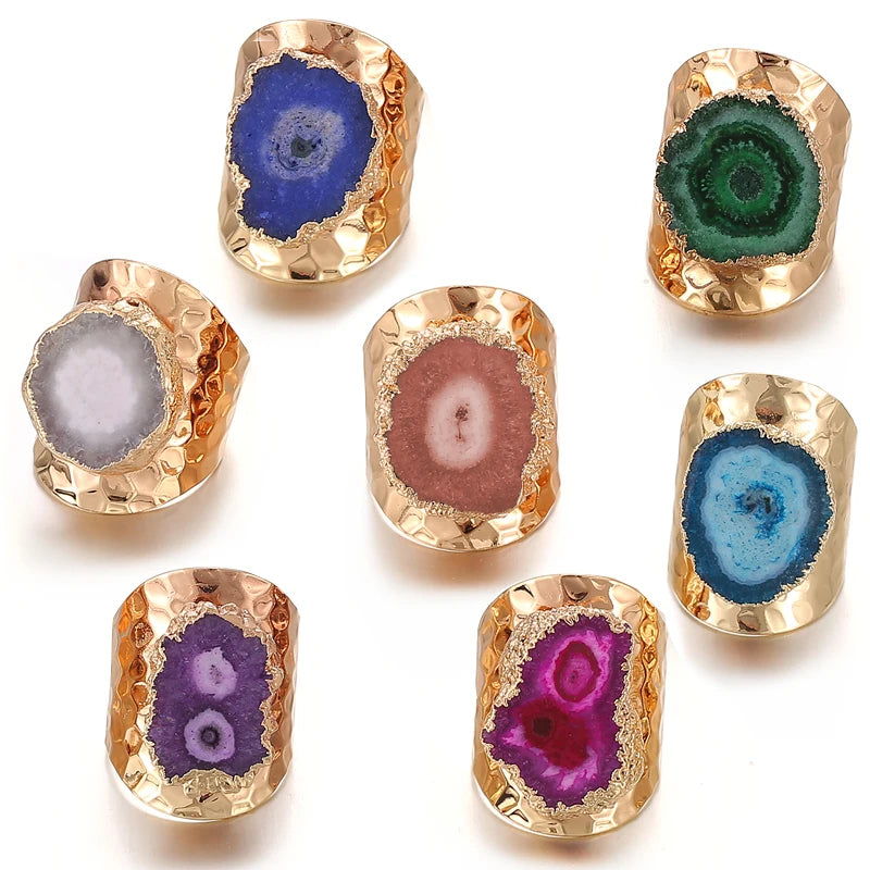 Boho Irregular Natural Stone Agate Slices Sunflower Wide Open Ring for Women Gold Plated Resizable Finger Jewelry - Charlie Dolly
