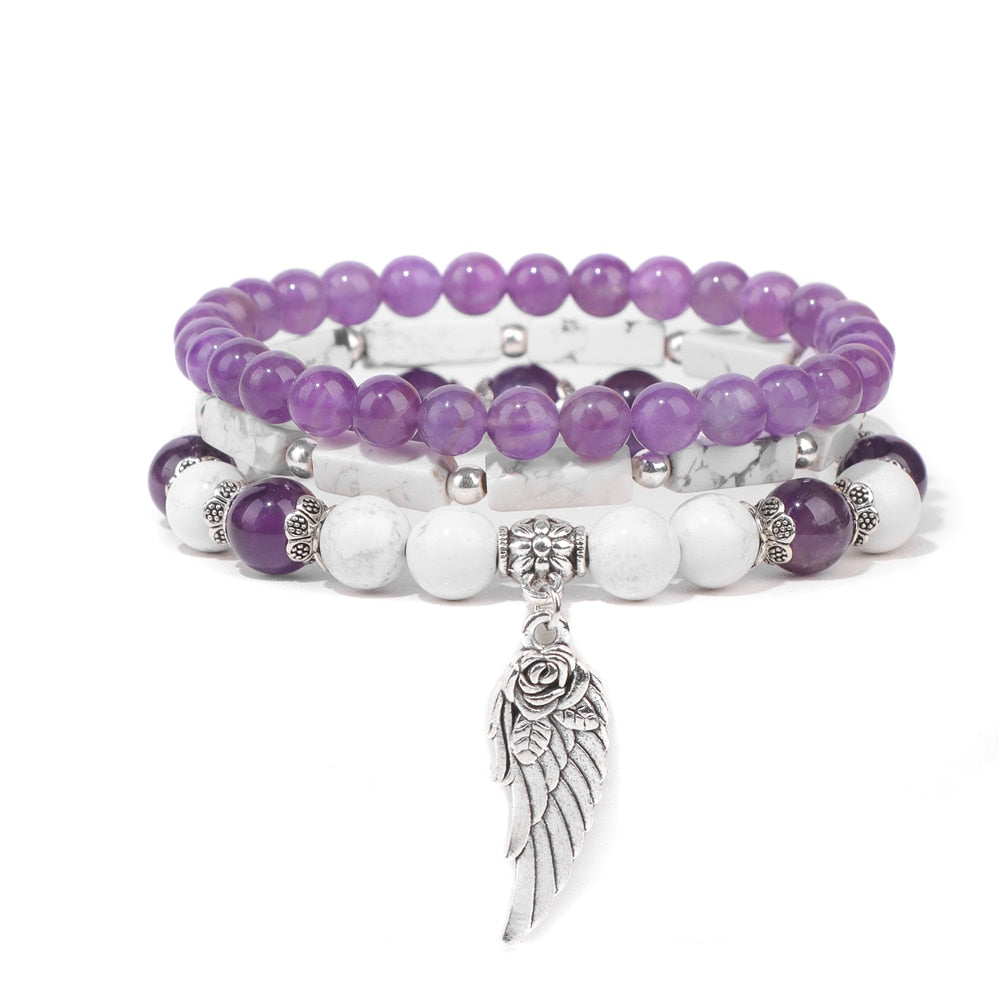 Handmade Silver Color Rose Angel Wing Pendant Bracelet Natural Pink Quartz Crystal Beads Charm Bracelet Women Romantic Jewelry