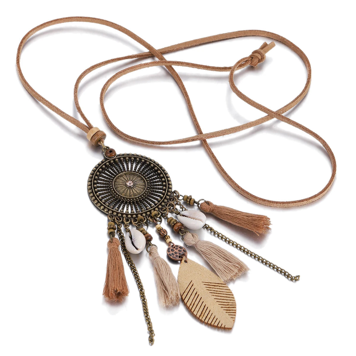 Wood Flower Bead Leaf Tassel Long Necklace Jewelry