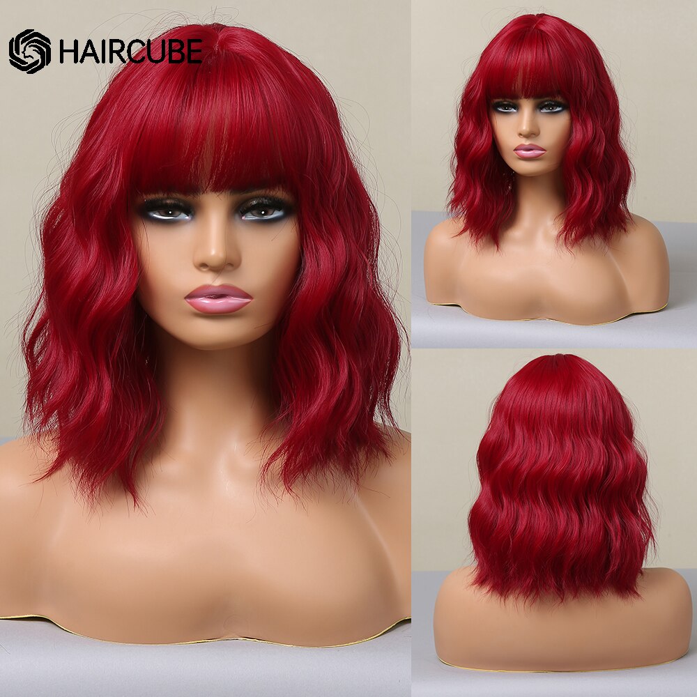 Medium Length Water Wave Synthetic Wigs Cute Pink Wigs With Bangs for Women Cosplay Natural Heat Resistant Bob Lolita Hair