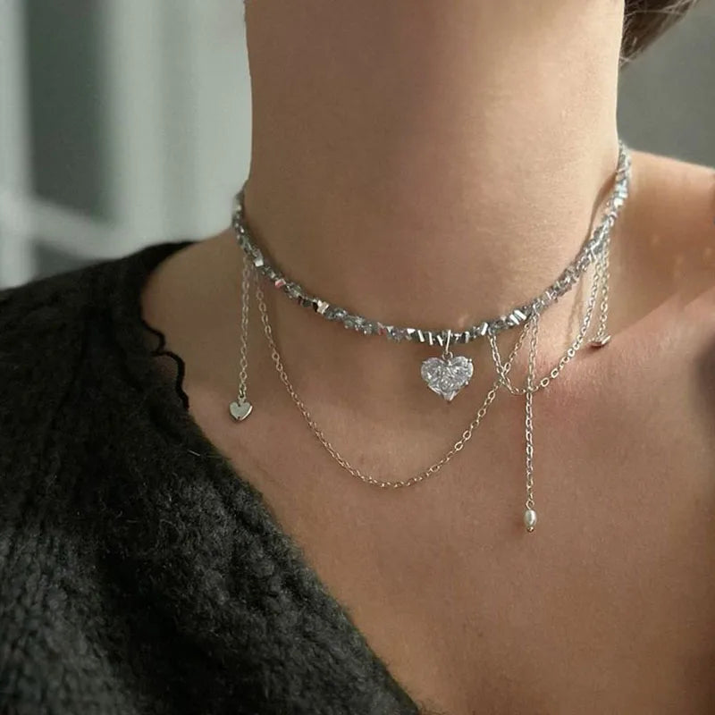 Geometric Crystal Zircon Heart Bead Necklace Jewelry