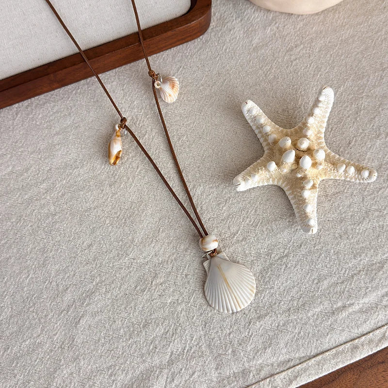 Starfish, Nautilus and Conch Wax Rope Clavicle Necklace