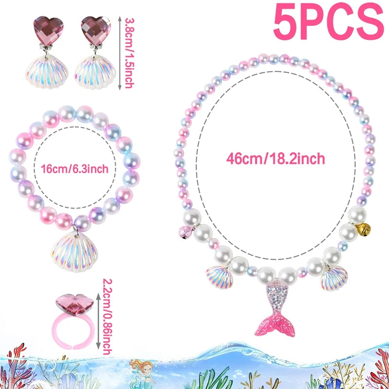Princess Mermaid Shell Charm Necklace and Bracelet Set (5 Pieces)