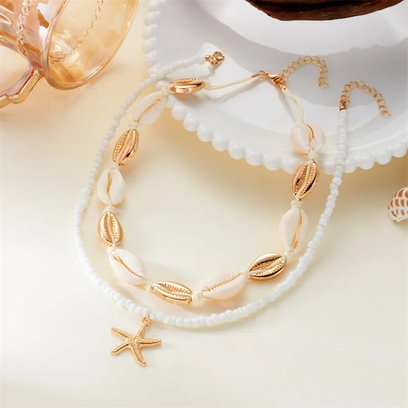 Gold Starfish Shell Rice Bead Choker Necklace Jewelry