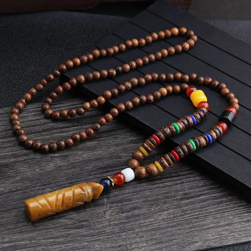 Wood Bead Bodhi Pendant Sweater Chain Necklace Jewelry