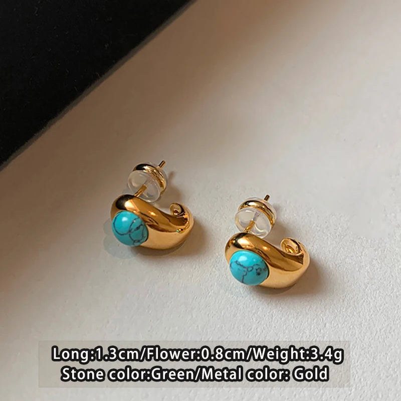Natural Turquoise Curved Earrings, Gold Copper Casual Elegant Boho Jewelry