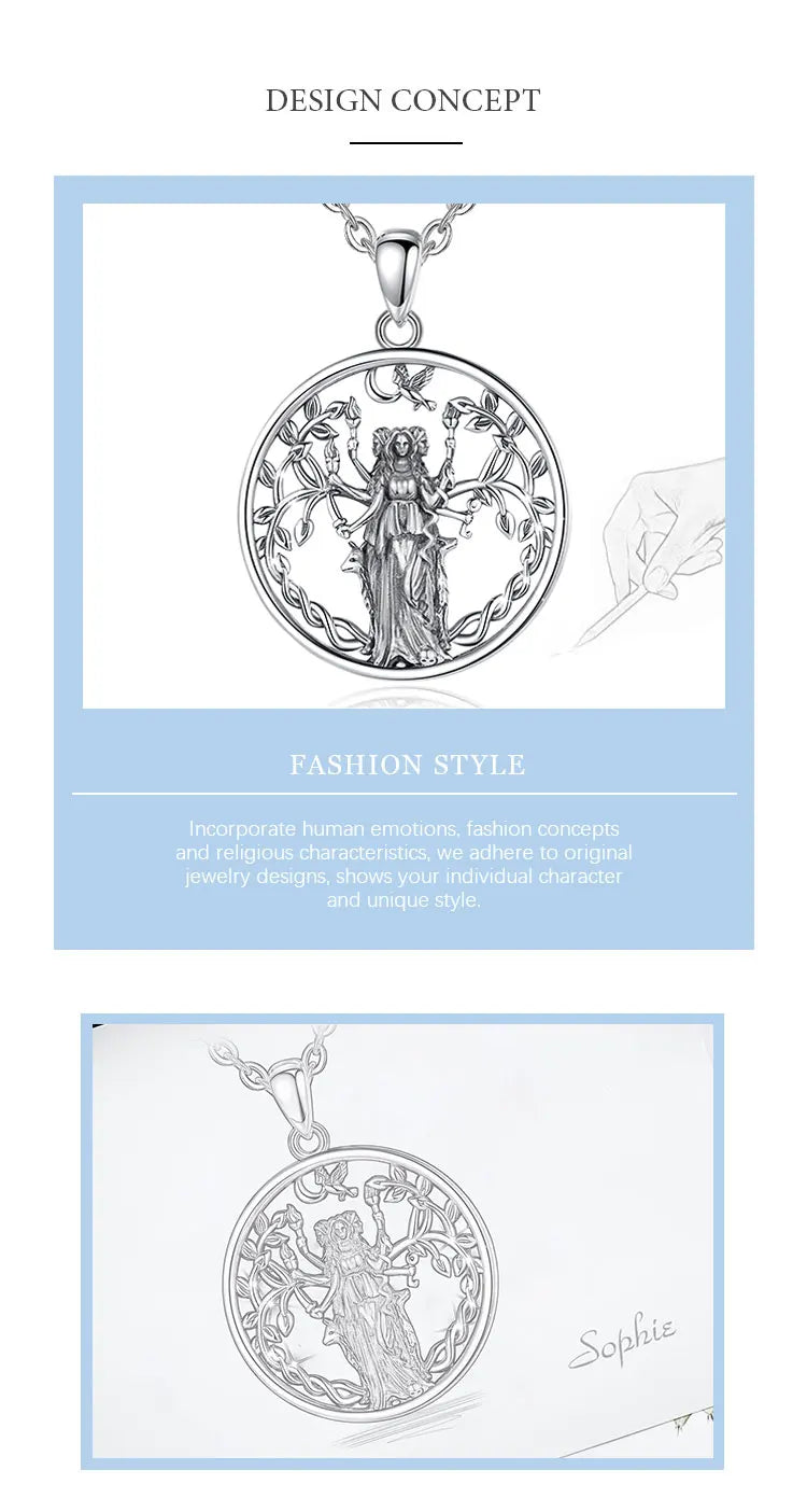 Triple Moon Goddess Hecate Amulet Necklace, S925 Sterling Silver