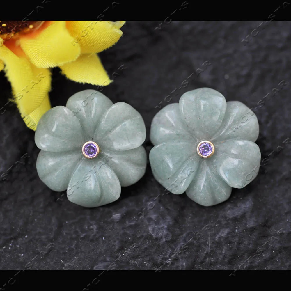 Z14219 Natural 25mm Blue Lapis lazuli Green Yellow Jade Jasper Pink Crystal Flower CZ Stud Earring - Charlie Dolly