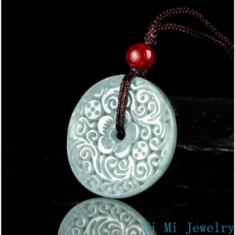 Grade A Natural Blue Water Jade Flower Safety Buckle Necklace, Sacred Protection Talisman