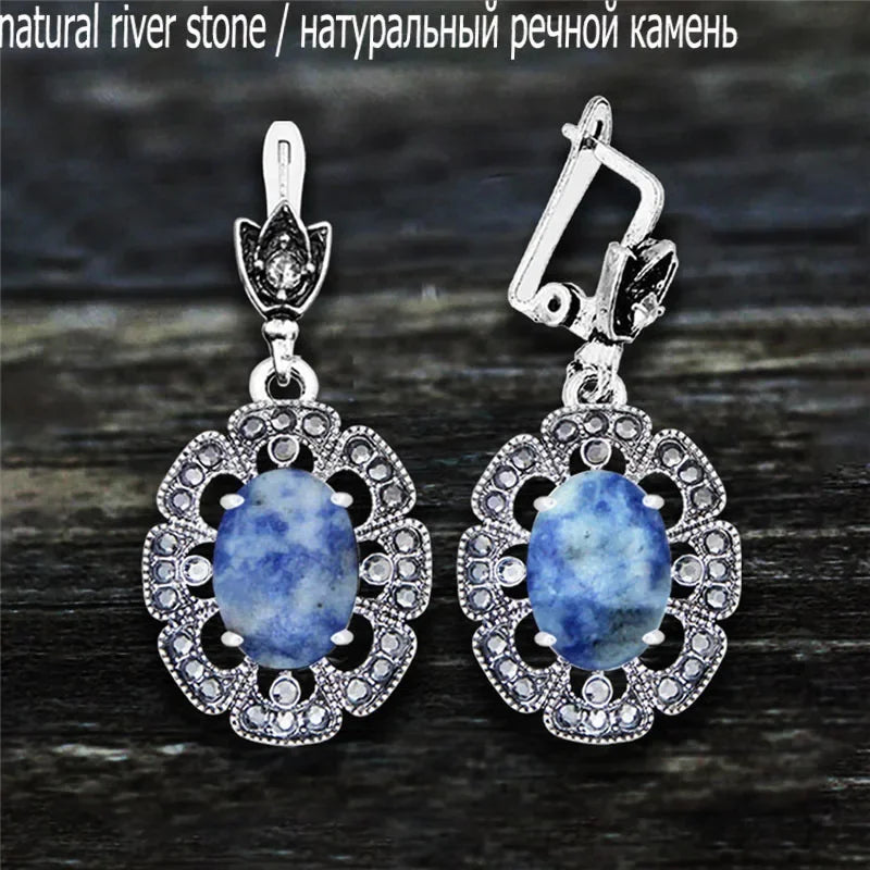 Vintage Plumflower Natural Jades Quartz Earrings For Women Antique Silver Plated Lapis Lazuli Tiger Eye Stone Fashion Earring - Charlie Dolly