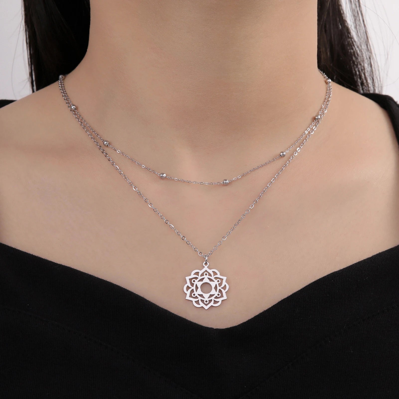 Yoga Lotus & Flower of Life Pendant Necklace, Stainless Steel Chakra Healing Amulet