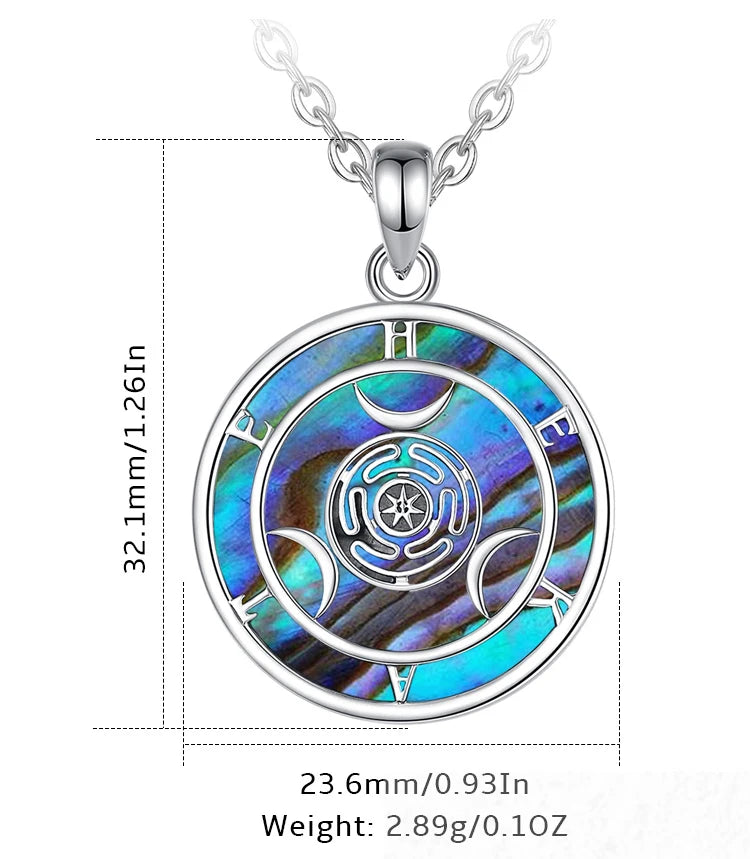 S925 Sterling Silver Hecate Wheel Pendant Necklace, Abalone Triple Moon Goddess Wiccan Amulet