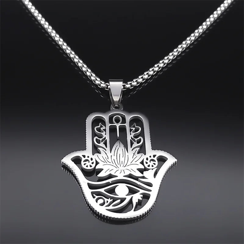 Hamsa Hand, Ankh, Lotus & Eye of Horus Pendant, Egyptian Protection Amulet