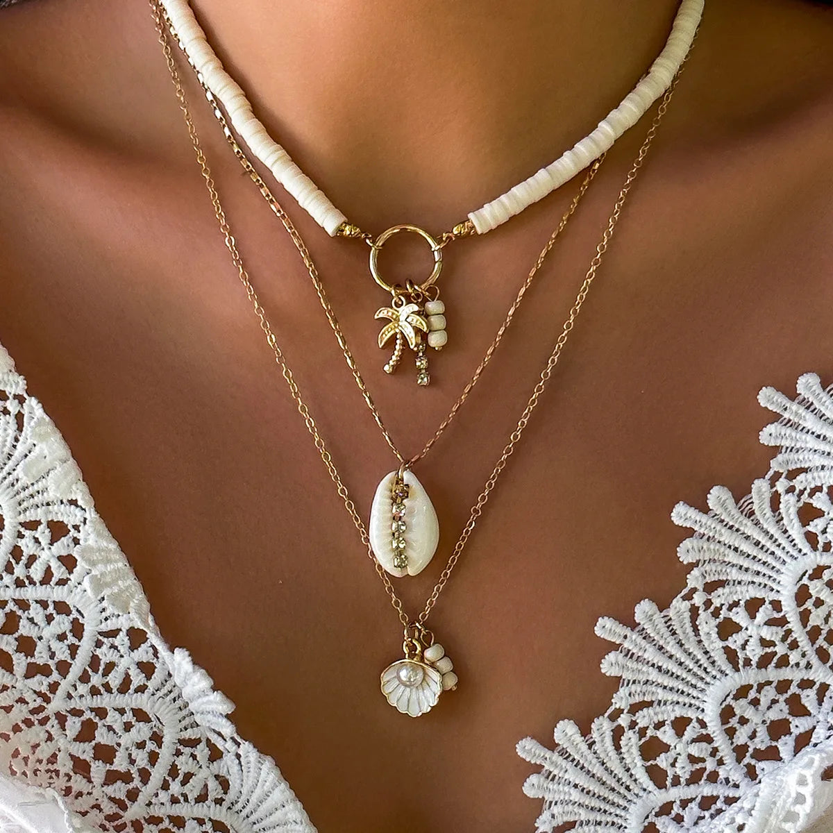 Shell Starfish and Pearl Layered Chain Boho Necklace