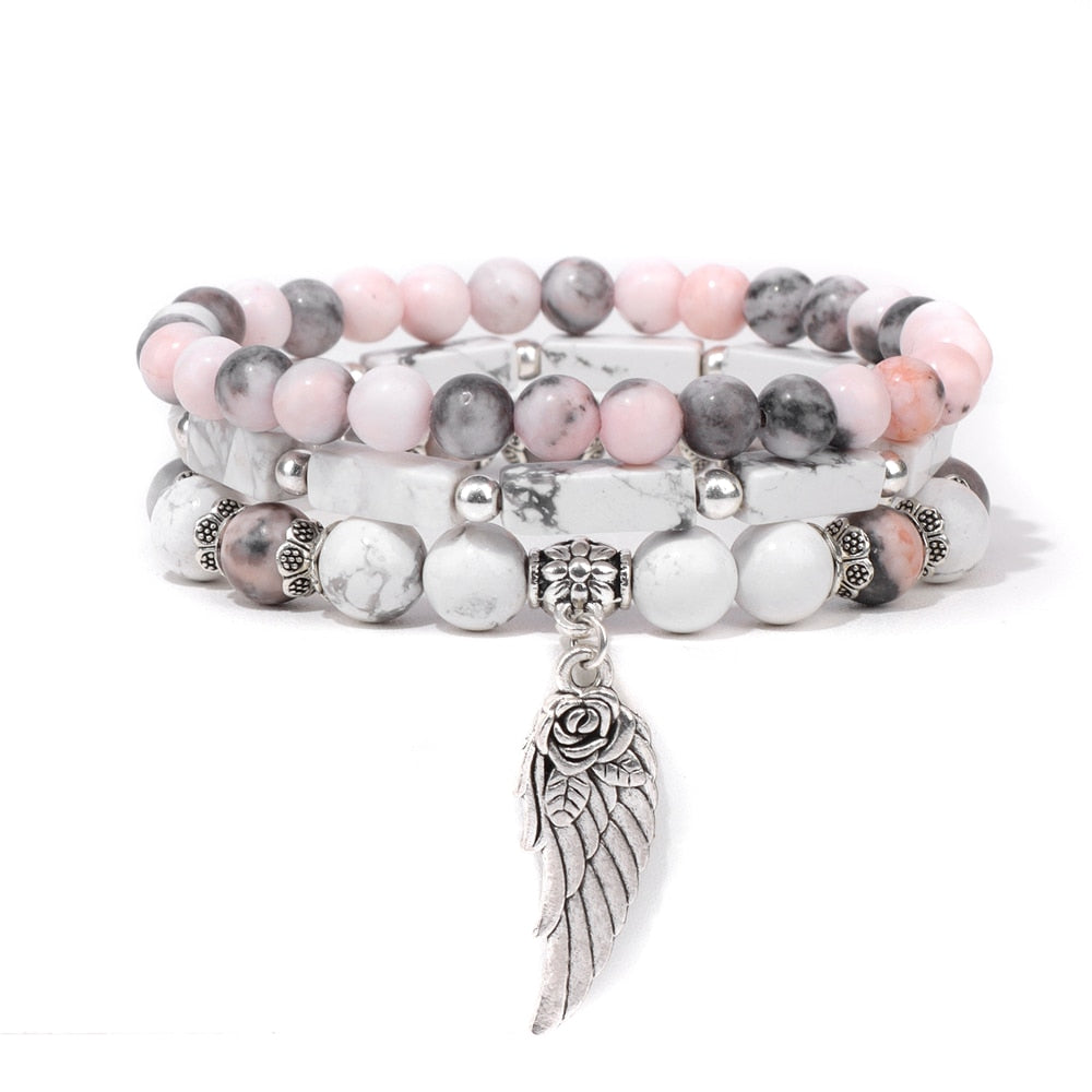 Handmade Silver Color Rose Angel Wing Pendant Bracelet Natural Pink Quartz Crystal Beads Charm Bracelet Women Romantic Jewelry