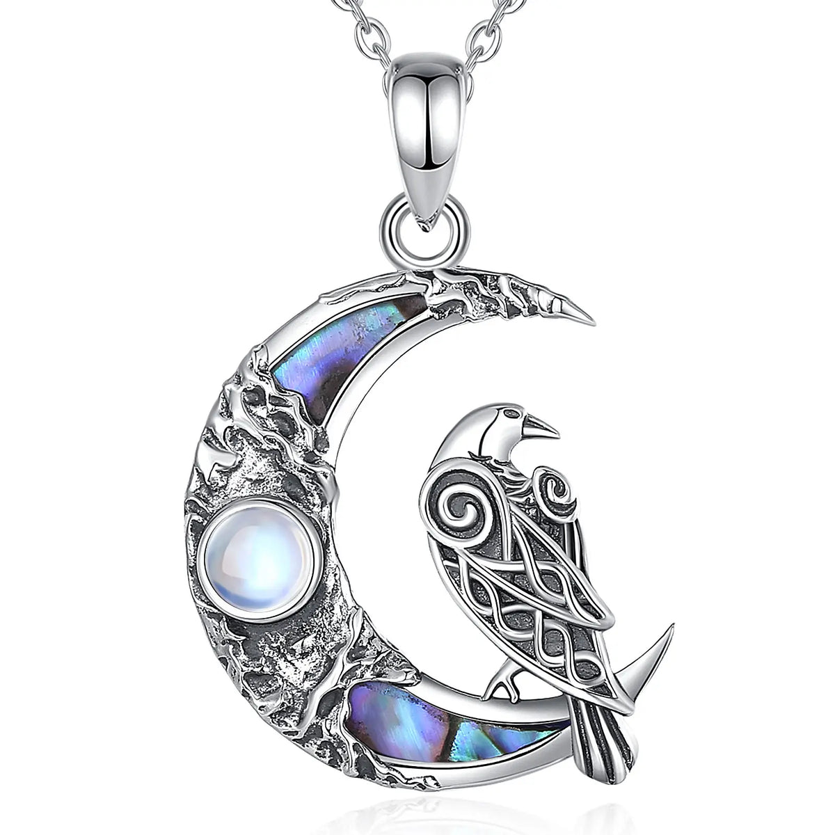 Sterling Silver 925 Viking Raven & Pentagram Moon Necklace, Abalone Shell Amulet