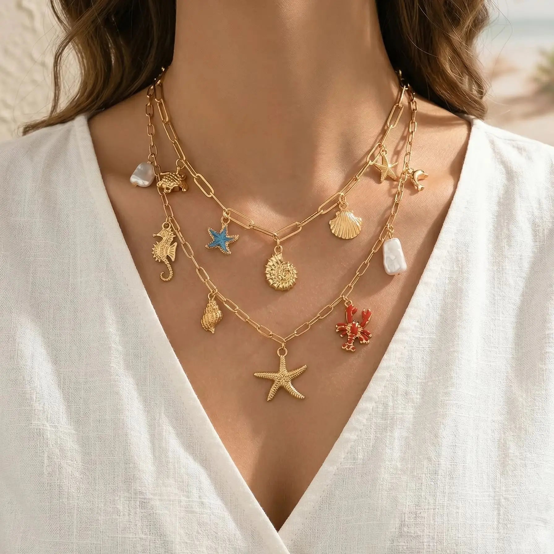 Layered Ocean Charm Paperclip Chain Boho Necklace Set