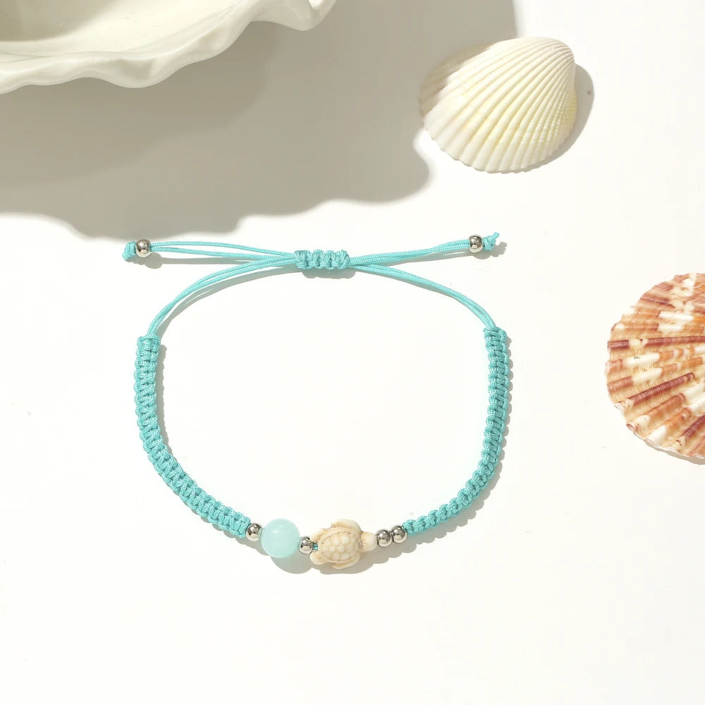 Shell, Starfish and Turtle Charm Braided Rope Bracelet Set (12 Pieces)
