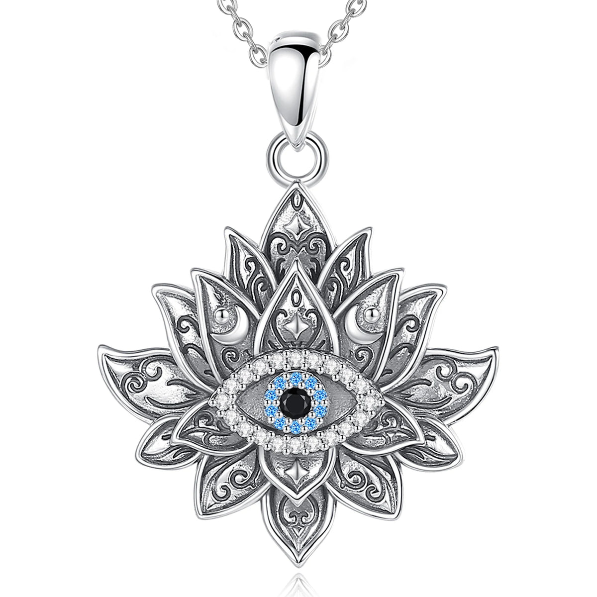 925 Sterling Silver Evil Eye & Lotus Pendant Necklace, Vintage Eudora Sacred Amulet