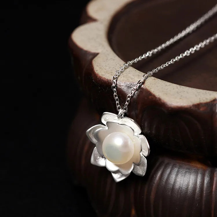 White Lotus Shell Pearl Pendant, Ocean Bloom Spiritual Talisman