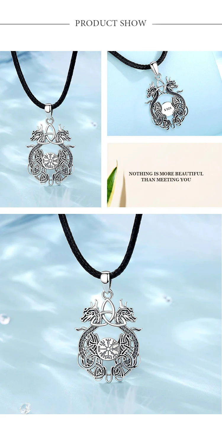 Sterling Silver 925 Viking Dragon Celtic Knot Compass Necklace, Norse Amulet