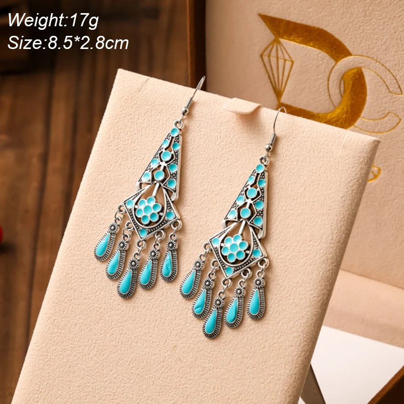 Blue Enamel Feather Crystal Long Earrings Jewelry